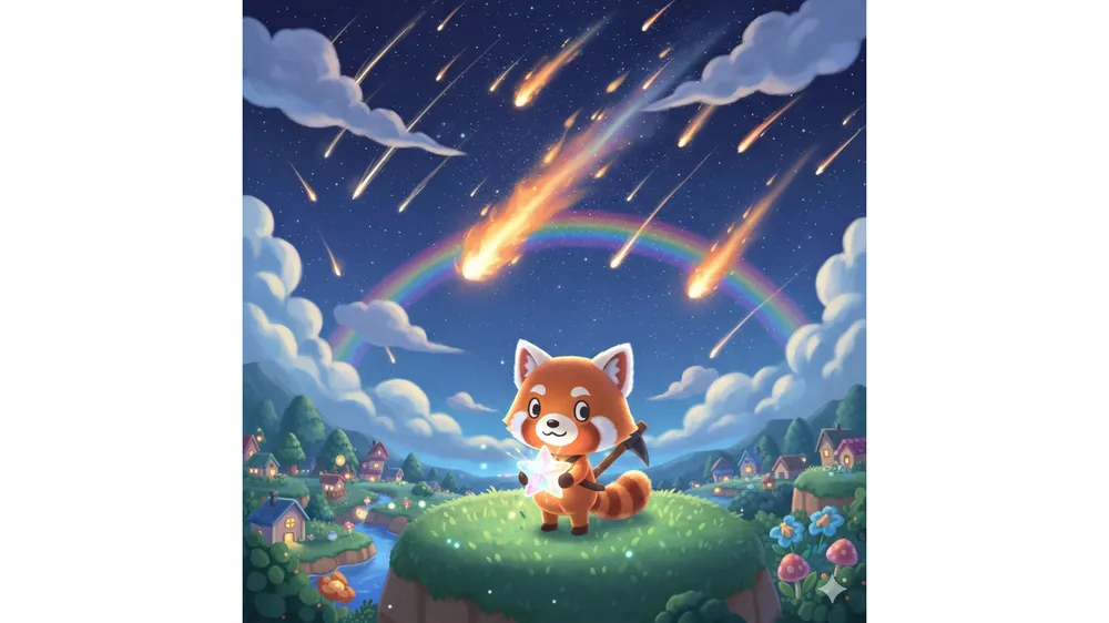 두근두근타운 유성우와 무지개 날씨 배경에서 별똥별 조각을 들고 있는 캐릭터