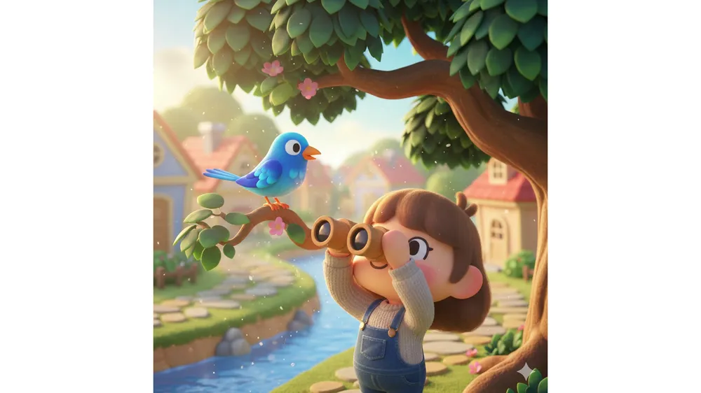 두근두근타운 새관찰 캐릭터가 망원경으로 나무 위의 파랑새를 보고 있는 모습
