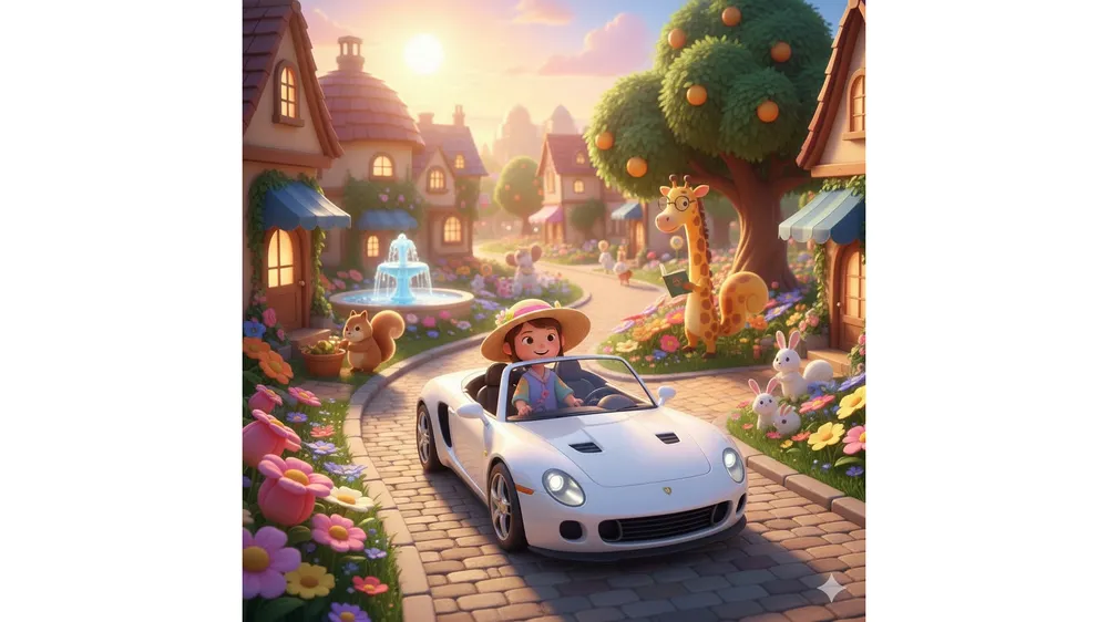 두근두근타운 공략 썸네일, 화이트 오픈카를 타고 있는 캐릭터와 마을 전경