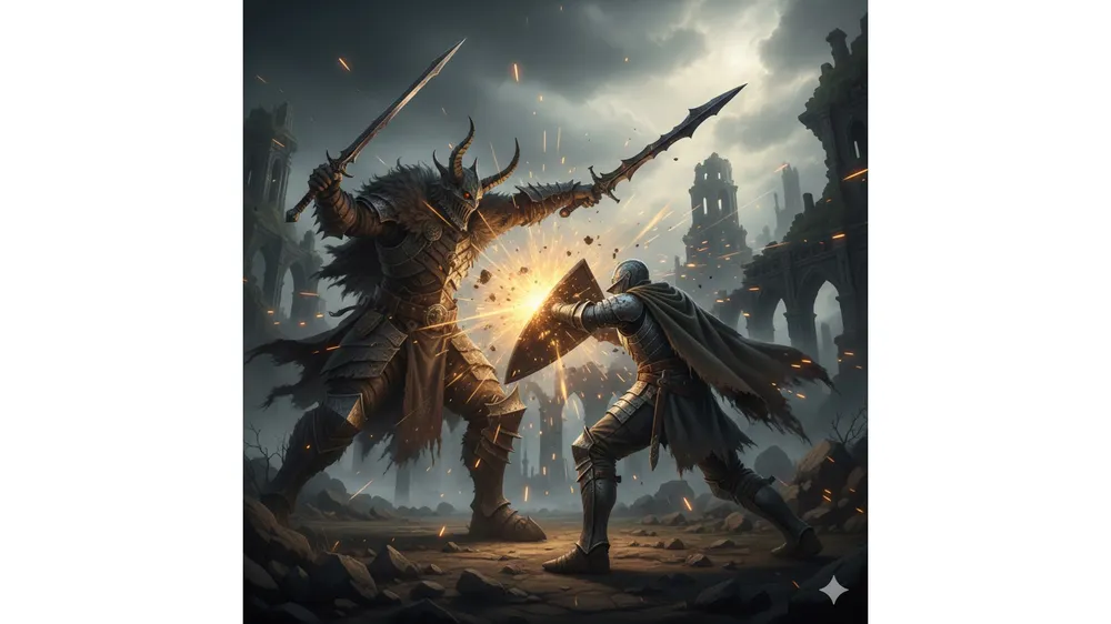 엘든링 DLC 뿔전사의 공격을 완벽하게 패링하는 플레이어 캐릭터 썸네일