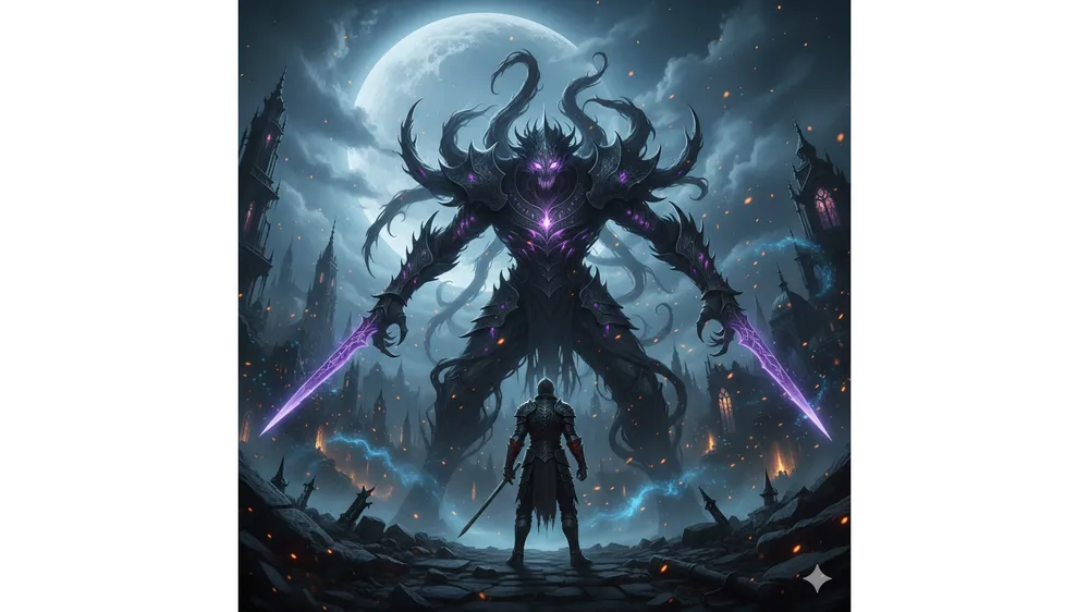 엘든링 밤의 통치자 공략을 상징하는 거대 보스와 기사의 대치 장면