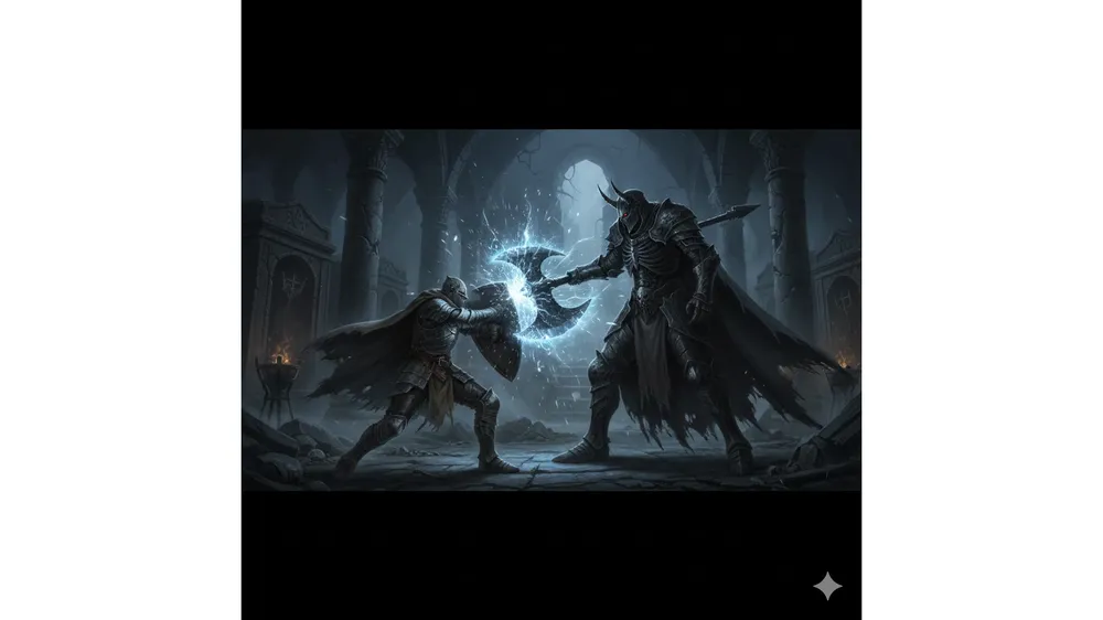 엘든 링 죽음의 기사 공격을 방패로 패링하는 장면