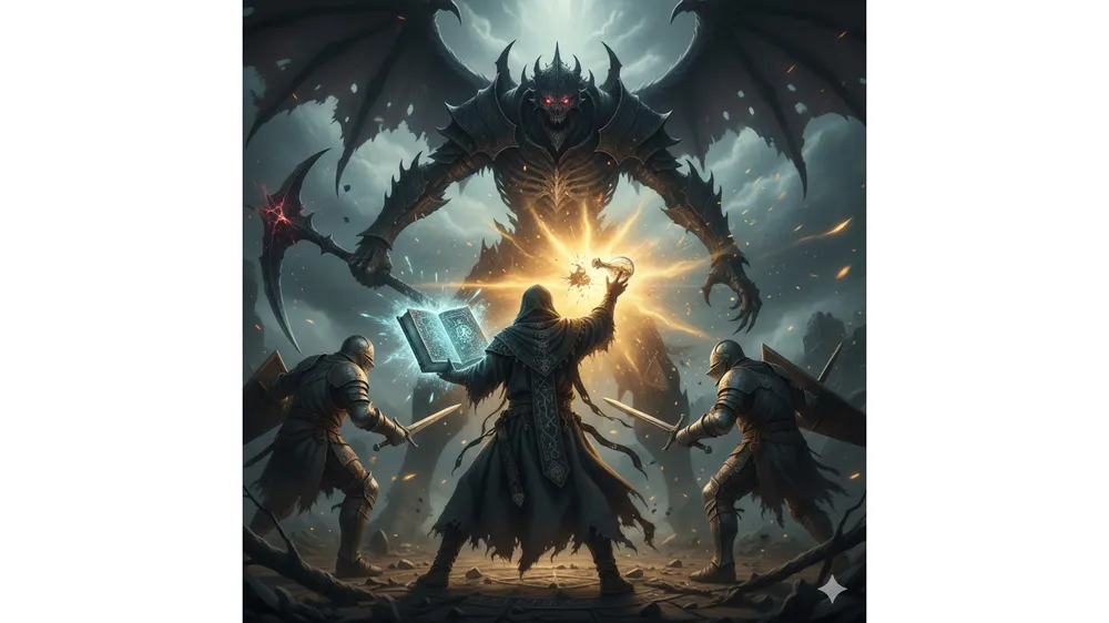 엘든링 서폿 학자가 아군에게 아이템 버프를 공유하며 밤왕과 전투하는 모습