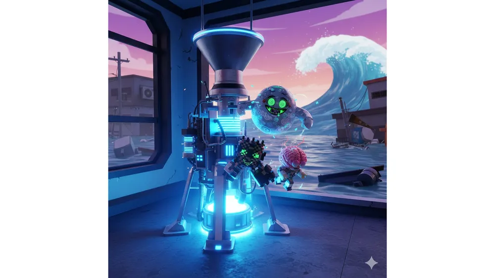 쓰나미에서 브레인롯을 탈출하세요 스폰 머신에 캐릭터 3마리가 들어가 조합되는 모습