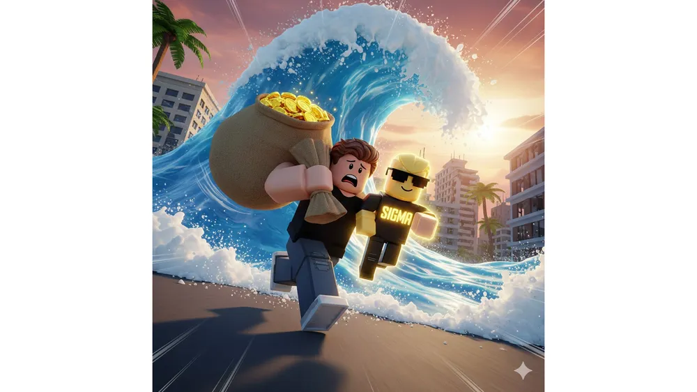 쓰나미에서 브레인롯 탈출하세요 돈 버는 법 공략 썸네일, 시그마 보이를 들고 쓰나미를 피하는 장면