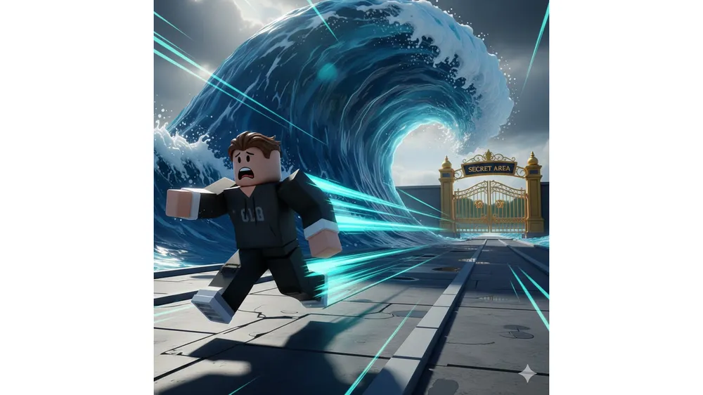 쓰나미에서 브레인롯을 탈출하세요 게임에서 캐릭터가 거대한 파도를 피해 비밀 구역으로 달려가는 모습