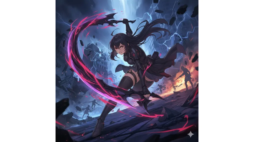 이터널 리턴 아비게일이 낫을 휘두르며 역동적인 전투 콤보를 펼치는 애니메이션 스타일의 일러스트