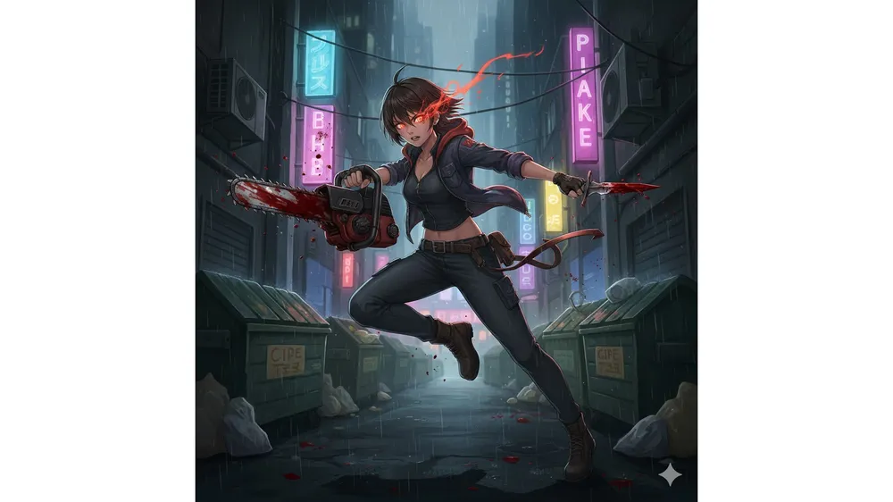 이터널 리턴 방관 단재 재키가 쌍검과 전기톱을 들고 있는 역동적인 일러스트