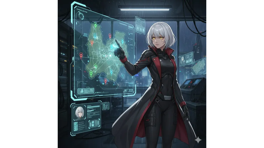 이터널 리턴 운영 공략 맵을 보고 있는 캐릭터 일러스트