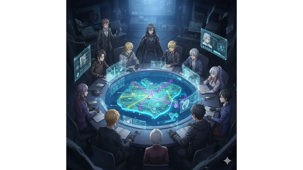 이터널 리턴 루미아 섬 지도와 실험체들이 루트 전략을 짜고 있는 모습