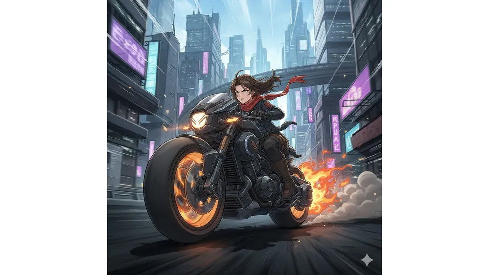 이터널 리턴 실비아 공략 썸네일, 오토바이를 탄 역동적인 실비아 일러스트