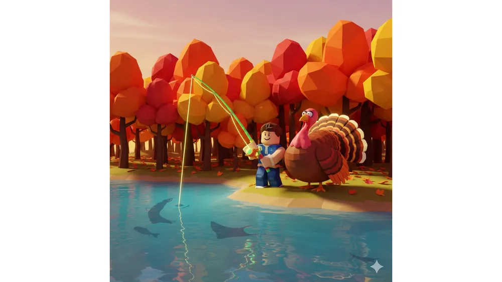 로블록스 피쉬(Fisch) 피쉬기빙 2 이벤트 퀘스트의 배경인 메이플 메도우 섬에서 캐릭터가 낚시를 하고 거대한 터키가 옆에 있는 모습
