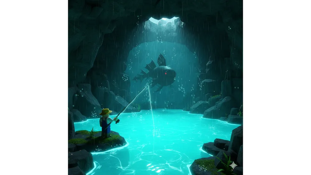 피쉬 브라인 스톰 이벤트가 발생하여 청록색으로 빛나는 브라인 풀에서 낚시하는 모습