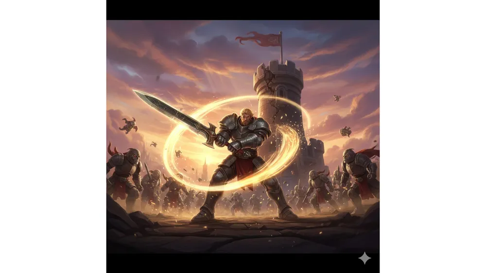 가렌 오버파밍 공략을 설명하는 역동적인 가렌의 전투 장면