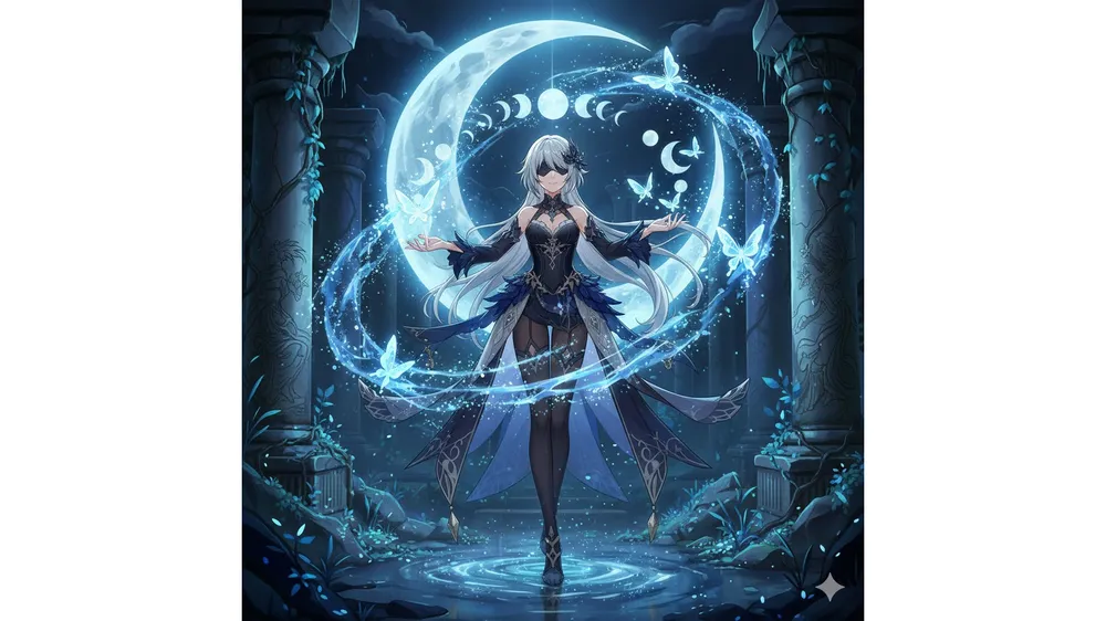 원신 콜롬비나 공략 썸네일, 달 반응 이펙트와 함께 있는 콜롬비나 일러스트