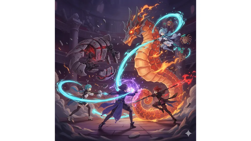 원신 환상극 계시방 공략: 여러 캐릭터들이 보스를 공격하는 역동적인 전투 장면