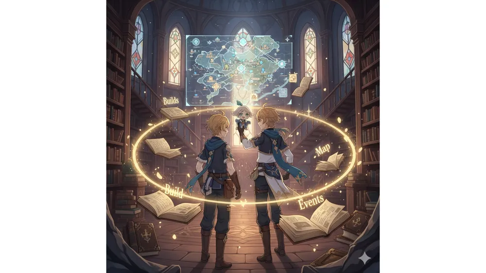 원신 여행자와 페이몬이 공략 지도를 보고 있는 모습