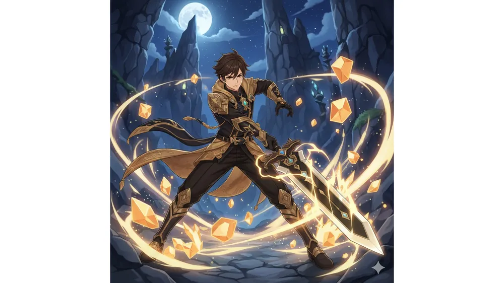 원신 자백 공략 썸네일, 바위 원소 이펙트와 함께 대검을 들고 있는 자백의 모습