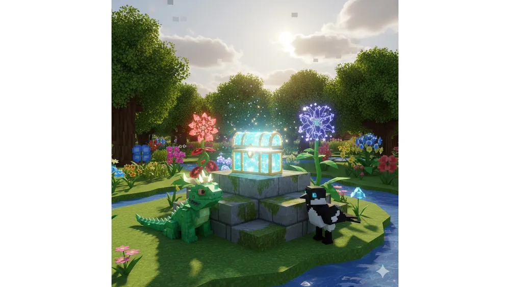 로블록스 그로우 어 가든 젬 체스트와 비어디드 드래곤 등 희귀 보상 아이템들이 빛나고 있는 모습