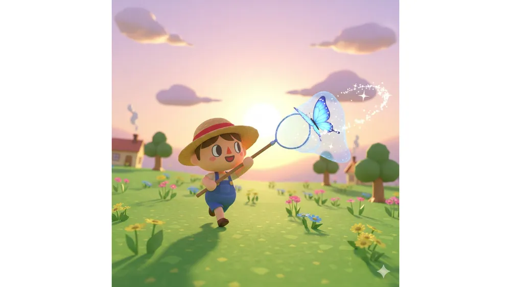 두근두근타운 곤충 채집 도감 공략 썸네일 캐릭터가 비누방울 채로 나비를 잡는 모습