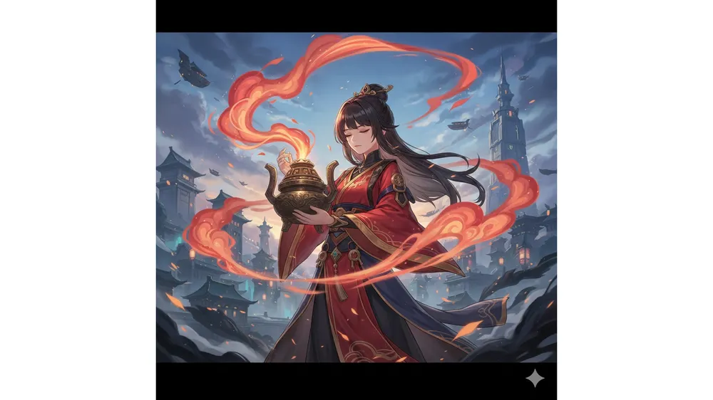붕괴 스타레일 영사 공략 썸네일, 화염 속성 이펙트와 함께 서 있는 영사 일러스트
