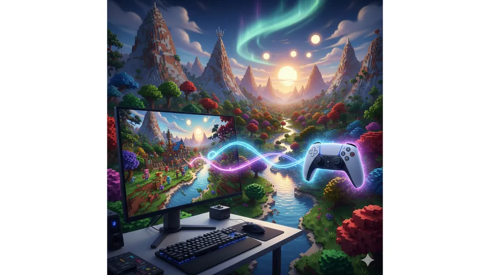 하이테일 PC 화면과 PS5, Xbox 컨트롤러가 함께 있는 샌드박스 게임 아트 썸네일