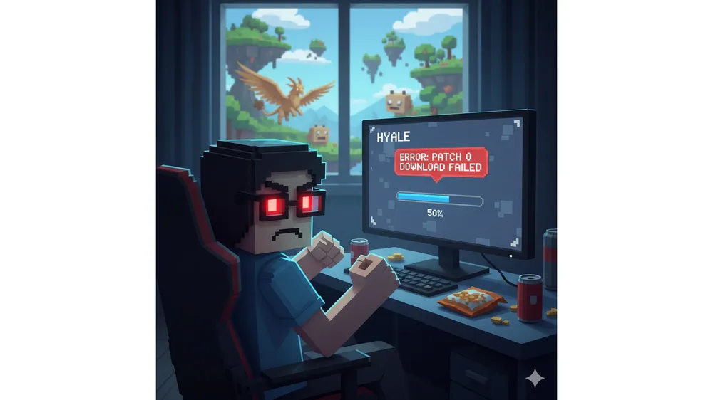 하이테일 다운로드 멈춤 화면을 보며 답답해하는 게이머 일러스트