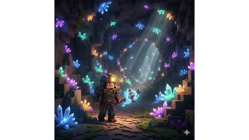 하이테일 모드 추천 캐릭터가 광부 헬멧을 쓰고 동굴을 탐험하는 모습