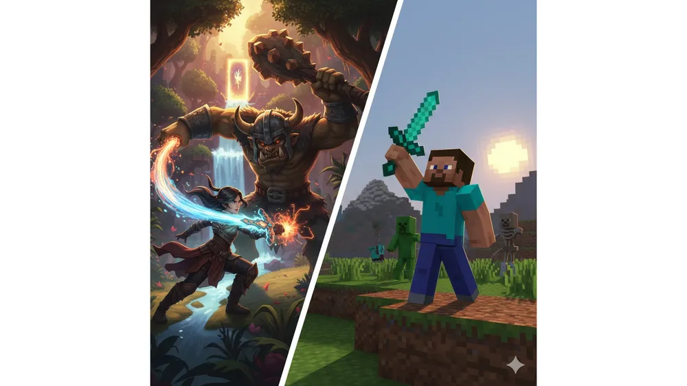 하이테일의 판타지풍 캐릭터와 마인크래프트의 픽셀 캐릭터가 대치하고 있는 비교 썸네일