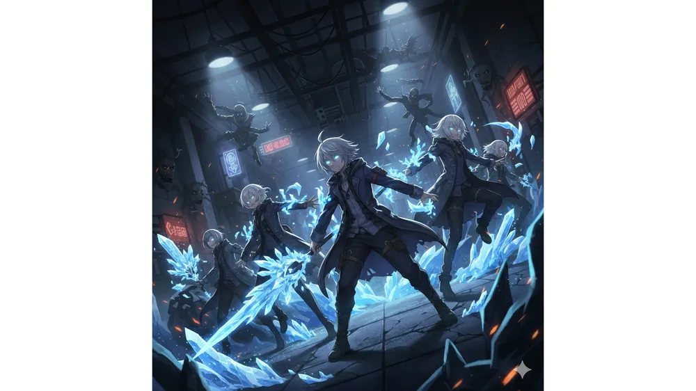 로보토미 코퍼레이션 침잠런 공략을 상징하는 푸른 얼음 효과와 캐릭터 군단