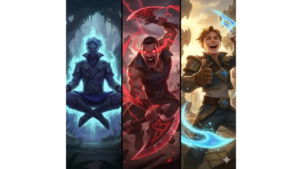 롤 원딜 성격 유형 3가지: 돌부처 진, 분노하는 드레이븐, 유쾌한 이즈리얼 일러스트