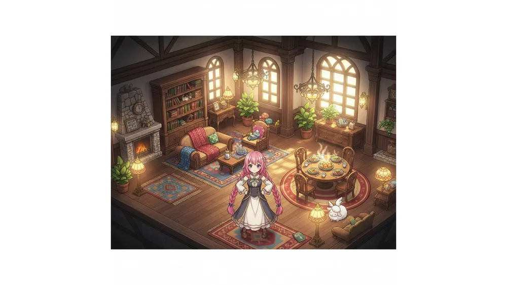 마비노기 모바일 마이홈 데코 점수 공략을 통해 아름답게 꾸며진 대형 하우스 내부 전경