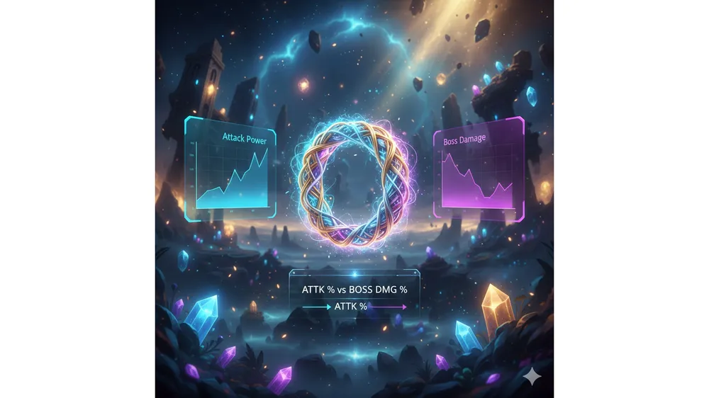 메이플스토리 컨티뉴어스 링과 스탯 효율을 분석하는 홀로그램 이미지