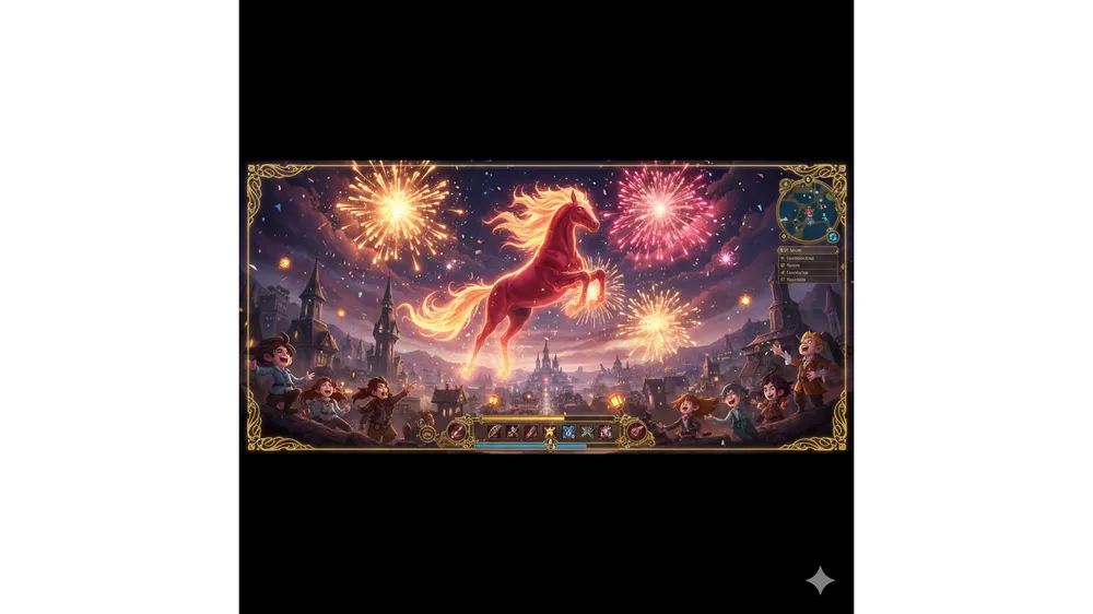 메이플스토리 2026 신년 선물 붉은 말의 도약과 불꽃놀이 배경