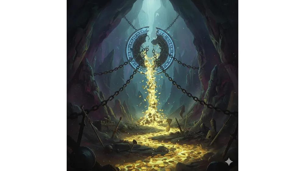 메이플 아즈모스 협곡 업데이트로 인한 경제 붕괴와 쏟아지는 메소 이미지를 묘사한 3D 아트