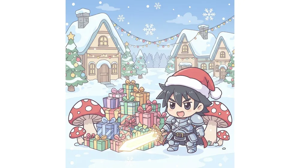 메이플키우기 쿠폰 크리스마스 보상과 산타 모자를 쓴 캐릭터 일러스트