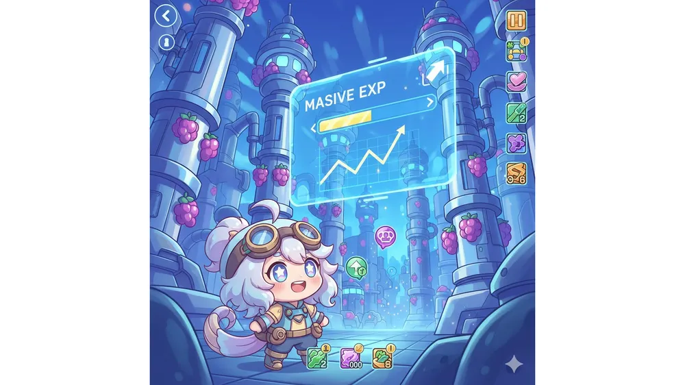 메이플스토리 메카베리 농장 경험치 효율 표와 분석 차트를 보고 있는 캐릭터