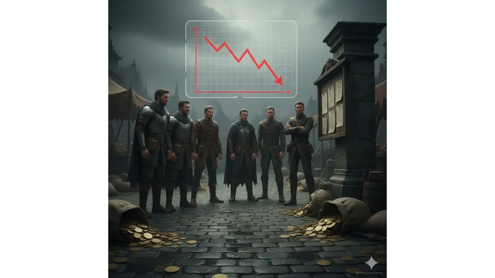 메이플스토리 메소 시세 폭락과 아즈모스 협곡의 영향을 암시하는 판타지 시장 이미지