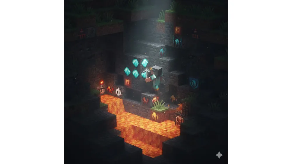 마인크래프트 광물 좌표 다이아몬드 채굴 모습과 지층 단면도