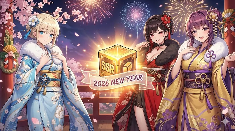 니케 2026 신년 SSR 선택권 상자와 추천 캐릭터들이 축제 분위기에 있는 썸네일 이미지