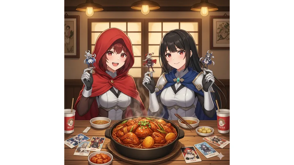 니케 두찜 콜라보 찜닭을 먹고 있는 레드후드와 홍련 캐릭터 일러스트