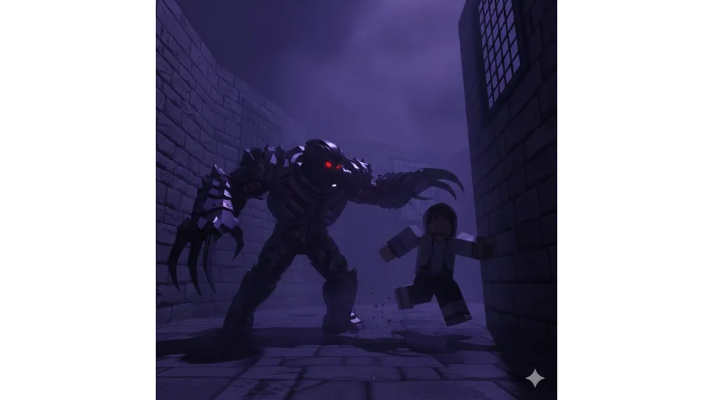 원 오브 어스 티어 최강자 커즈클로가 생존자를 추격하는 긴박한 로블록스 게임 장면