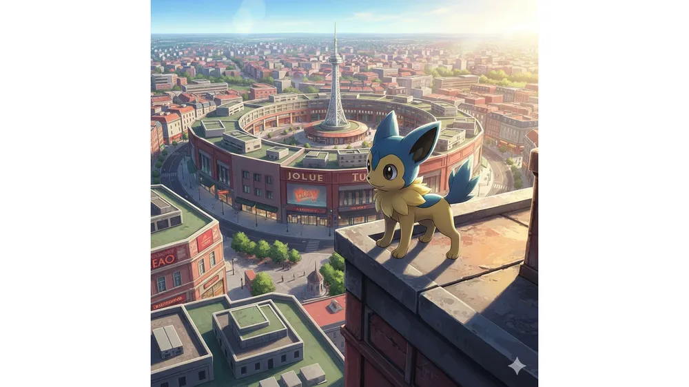 포켓몬 레전드 ZA의 루주 섹터 건물 지붕 위에 서 있는 리오르의 모습