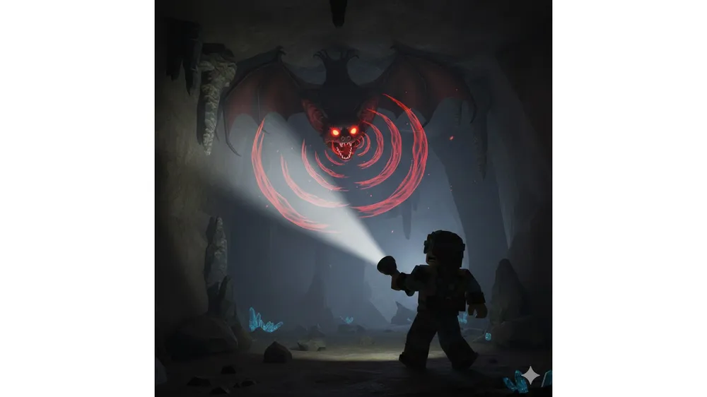 로블록스 99 야간 숲 동굴에서 박쥐에게 플래쉬 라이트를 비추는 모습