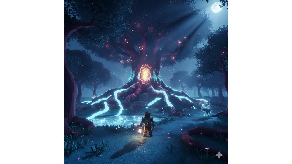 로블록스 99 야간 숲 요정 바이옴에서 플레이어가 모수 나무와 빛나는 뿌리를 바라보고 있는 모습