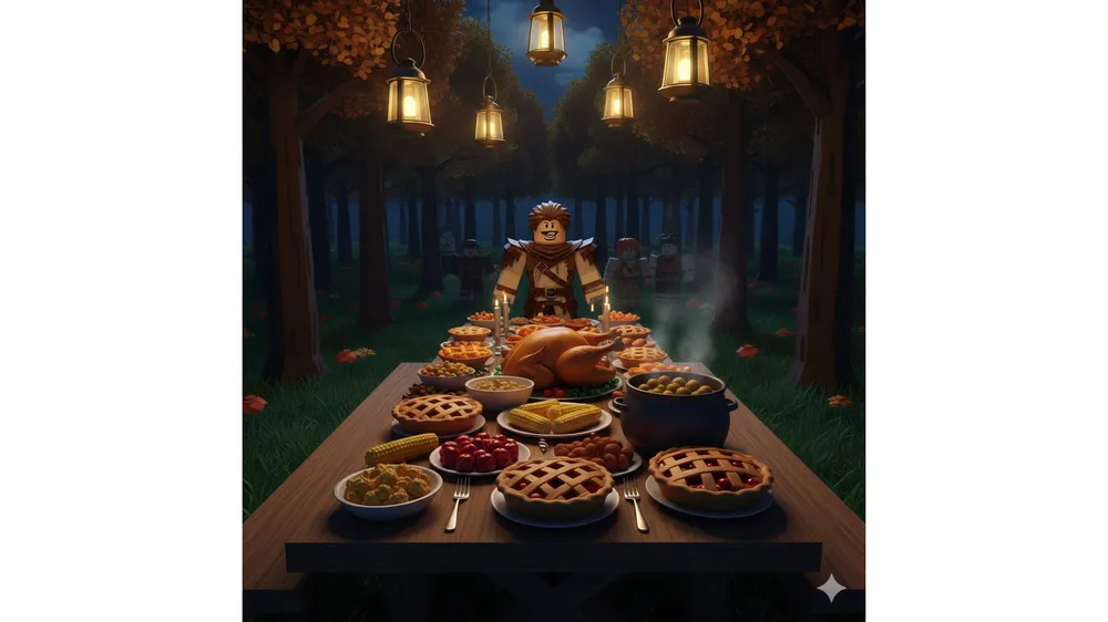 로블록스 99 야간 숲 추수감사절 이벤트 공략 썸네일, 풍성한 식탁과 플레이어 캐릭터