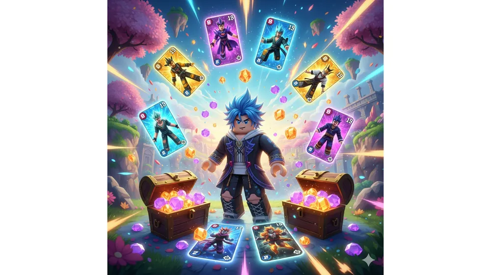 로블록스 애니메이션 카드 모험 코드 입력으로 다양한 캐릭터 카드와 보석, 트레이트 샤드 보상을 받는 게임 장면