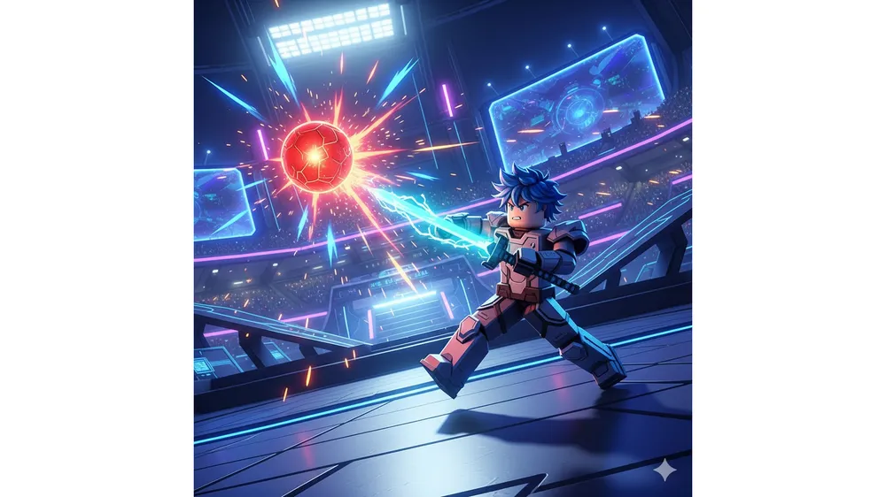 로블록스 죽음의 공 챔피언이 붉은 공을 칼로 막아내는 역동적인 애니메이션 스타일 썸네일