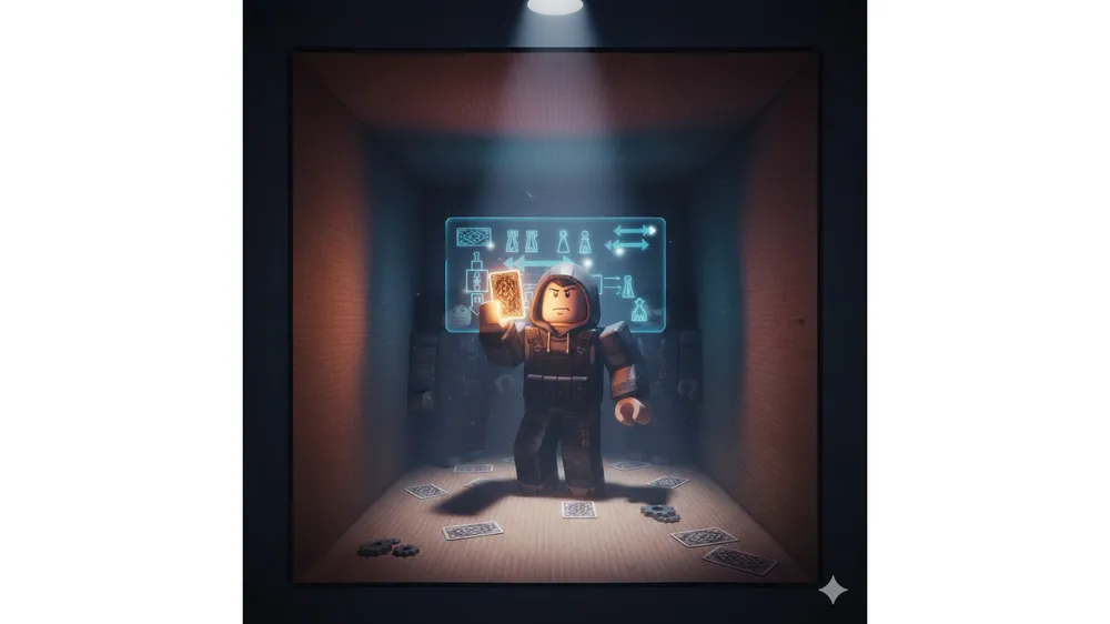 로블록스 상자 속의 죽음 코드 보상 휠스핀을 받고 있는 캐릭터와 긴장감 넘치는 게임 배경