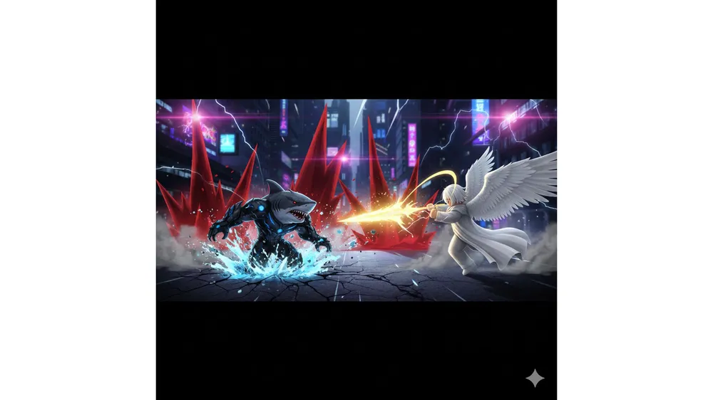 로블록스 데빌 헌터 게임 내에서 샤크, 엔젤, 블러드 마인 캐릭터들이 각자의 고유 스킬을 사용하며 전투하는 역동적인 모습